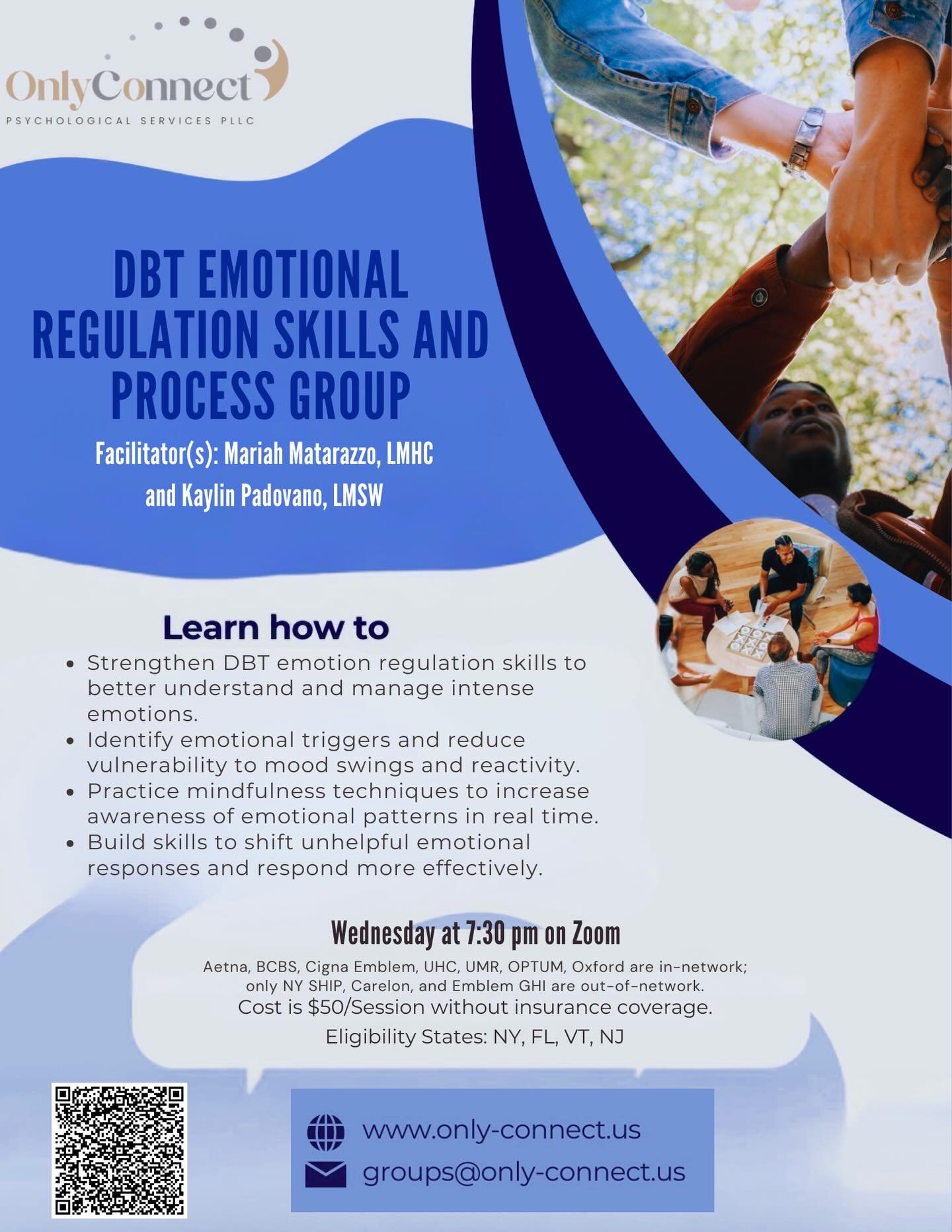 Now enrolling for TWO DBT groups this spring! ✨

🧠 Emotional Regulation ( STARTING SOON Wednesdays at 7:30pm) 🔥 Distress Tolerance (Starts April 1 &bull; 7 PM)
Both groups focus on managing intense emotions, reducing reactivity, and building real-l