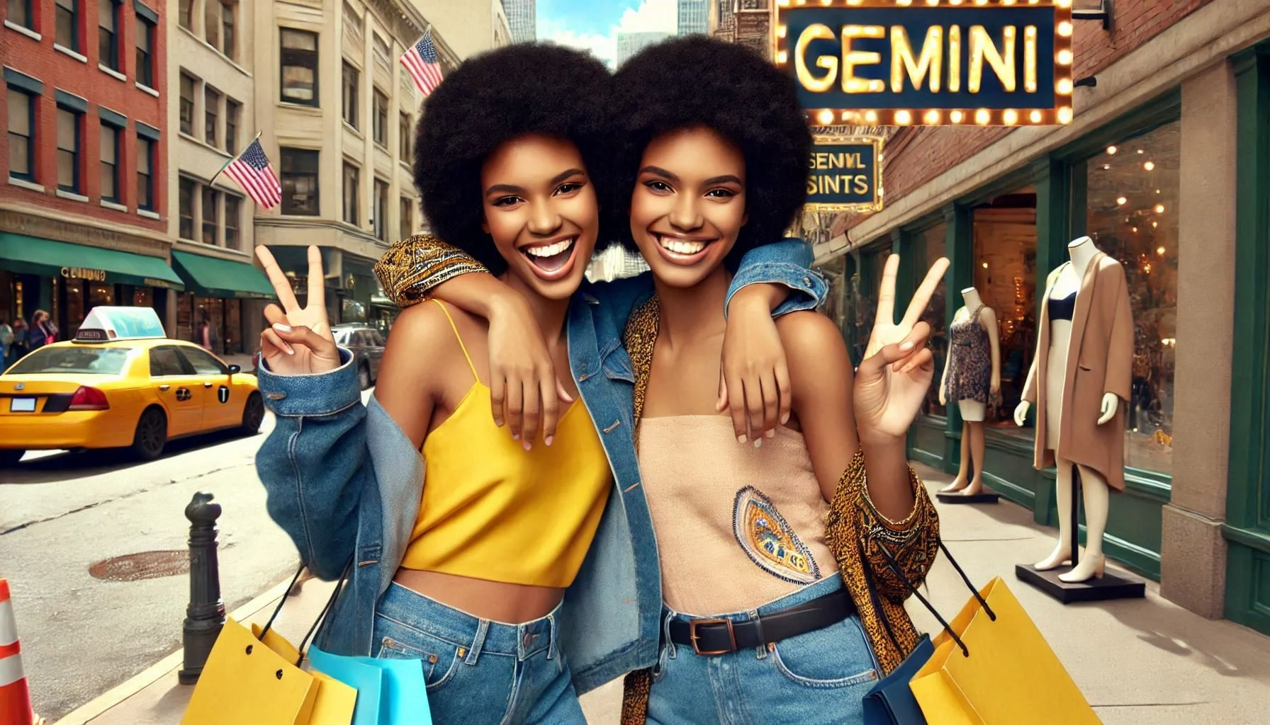 DIGITAL WALLPAPER FOR GEMINI ZODIAC: Retro Afrocentric GEMINI Twins Out Shopping