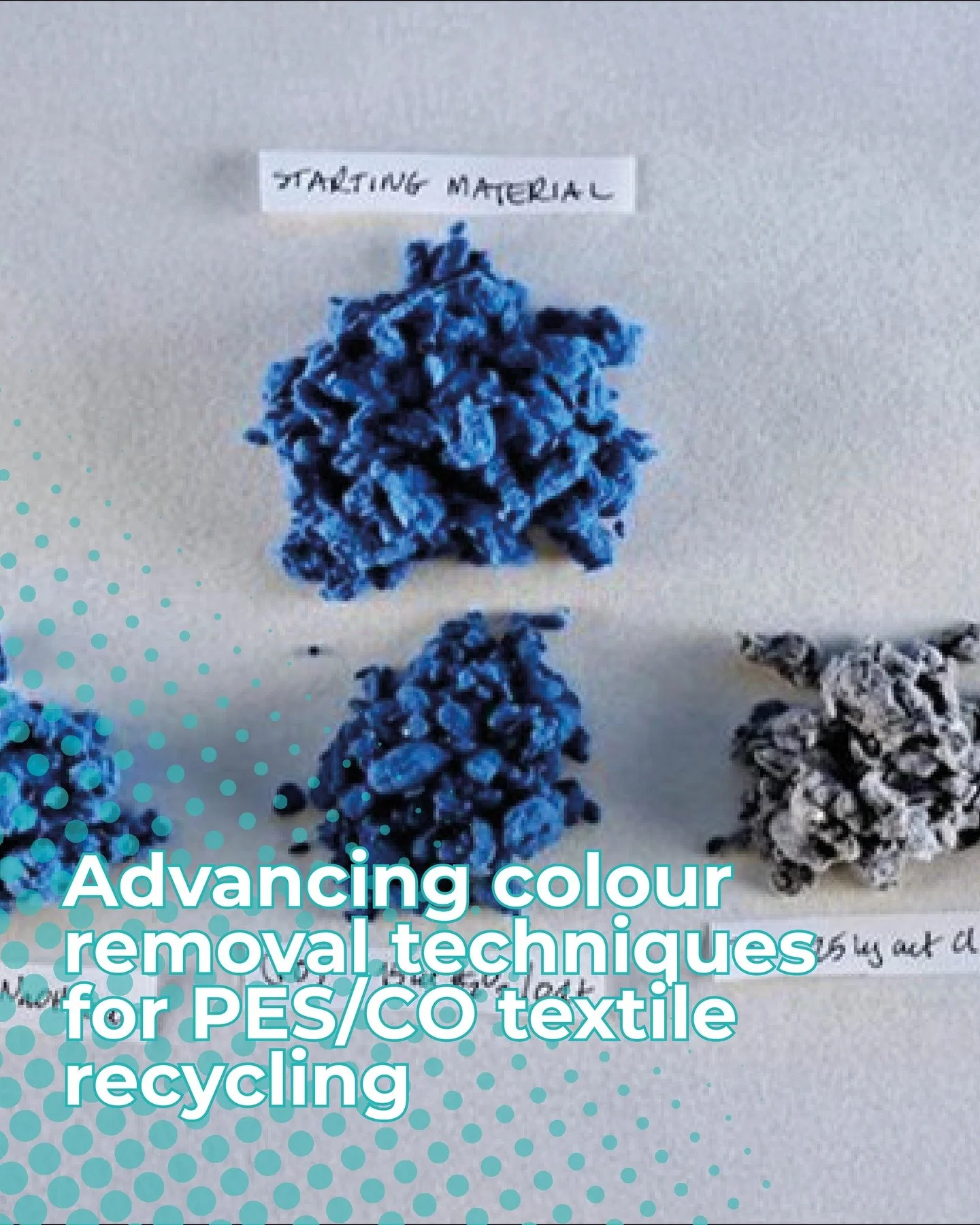Polyester (PES) accounts for over half of all textiles, often blended with cotton (PES/CO). These materials are difficult to recycle, mainly due to the presence of colourants and chemical finishings that interfere with recovery processes.

The PESCO-
