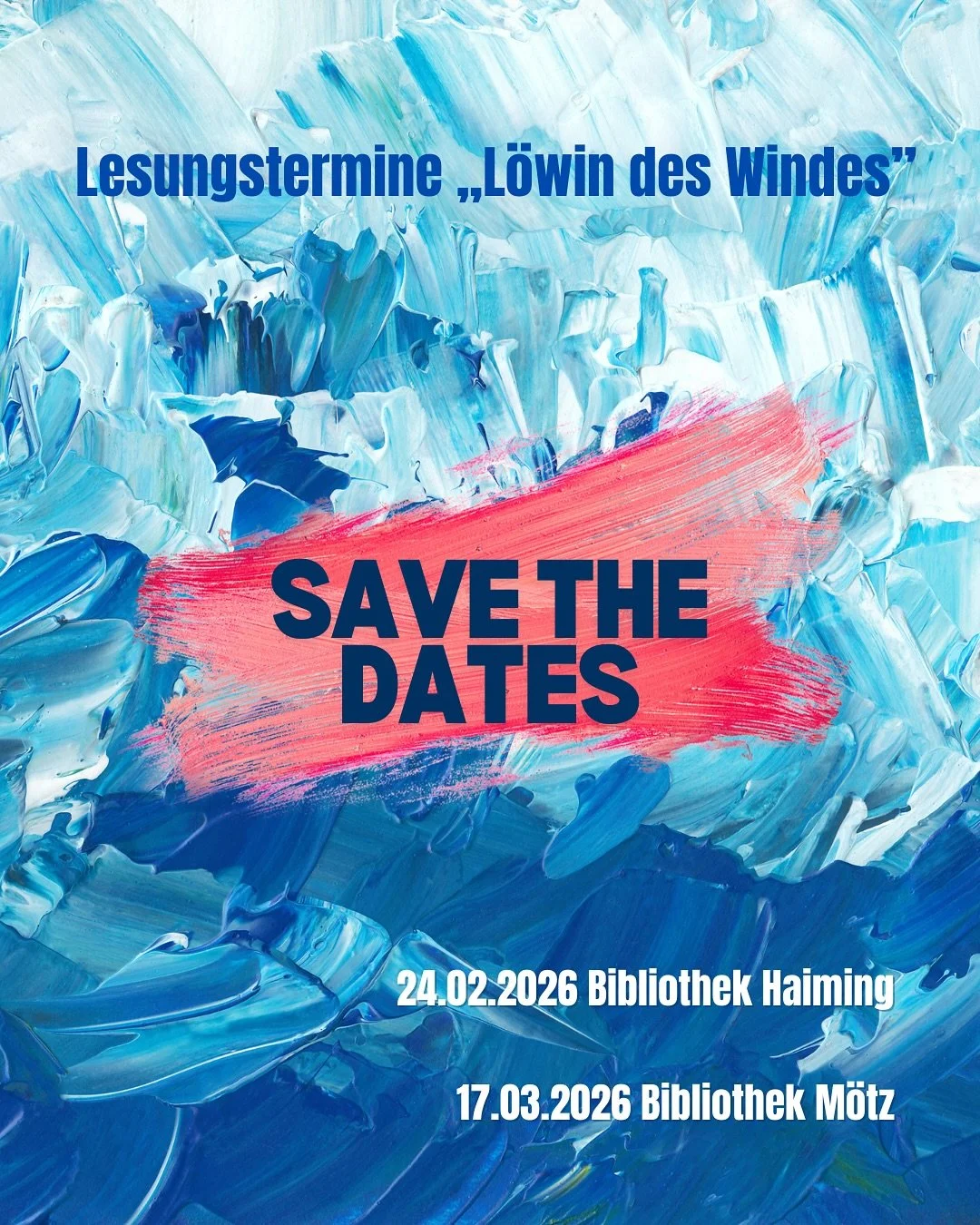 📚Ihr Lieben, erste Lesungstermine f&uuml;r meinen Roman &bdquo;L&ouml;win des Windes&ldquo; stehen fest! Ich freue mich riesig! 🤩

24.02.2026 Bibliothek Haiming
17.03.2026 Bibliothek M&ouml;tz - in meiner Heimatgemeinde (im Rahmen der Literaturwoch