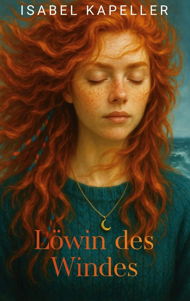 Das Buchcover zeigt eine junge Frau mit roten, lockigen Haaren, ihre Augen sind geschlossen. Sie trägt einen blauen Pullover und eine Halskette mit einem Mondanhänger. Der Hintergrund ist ein Meeres- oder Himmelbild. Oben steht der Name "Isabel Kapeller" und unten der Titel "Löwin des Windes".