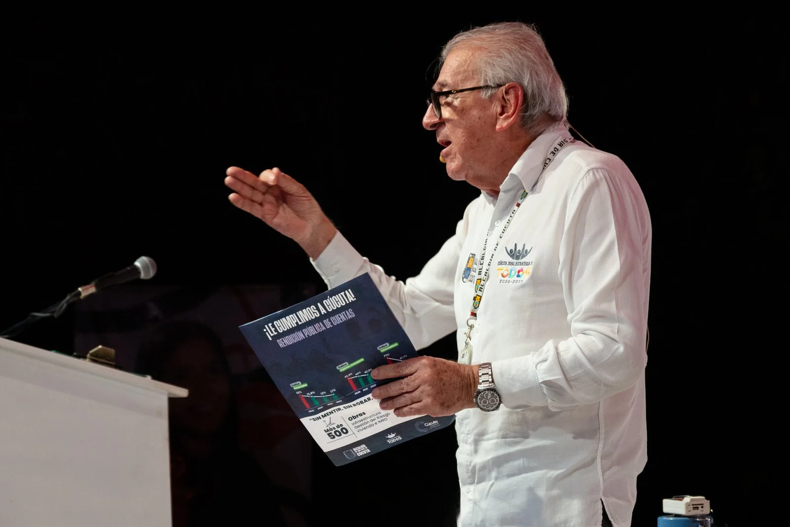 COLOMBIA 2023. Mayor Jairo Yáñez addresses a public accountability event, Cúcuta.

21 December 2023. Cúcuta, Norte de Santander, Colombia. Mayor Jairo Yáñez presents the "¡Le cumplimos a Cúcuta! Rendición pública de cuentas" report during a public ac
