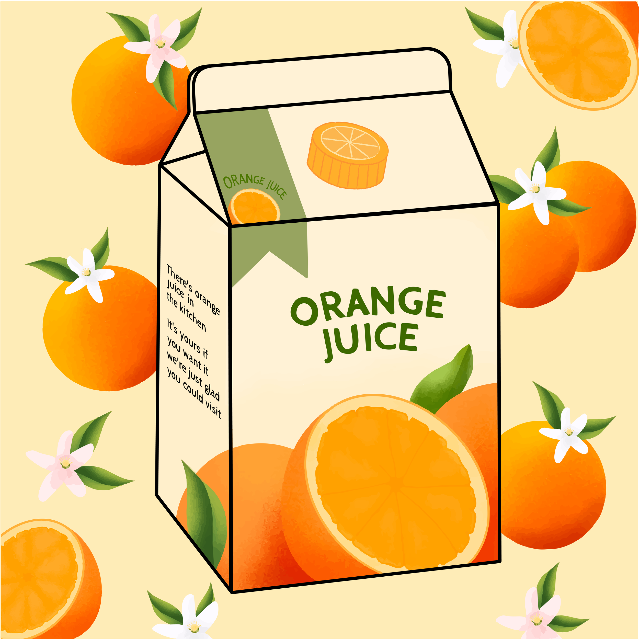An OJ carton I drew that was inspired by Noah Kahan's song, Orange Juice. Drawn in Procreate and edited in Adobe Illustrator.