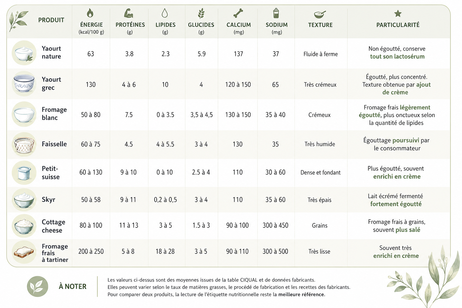 produits laitiers nutrition comparatif