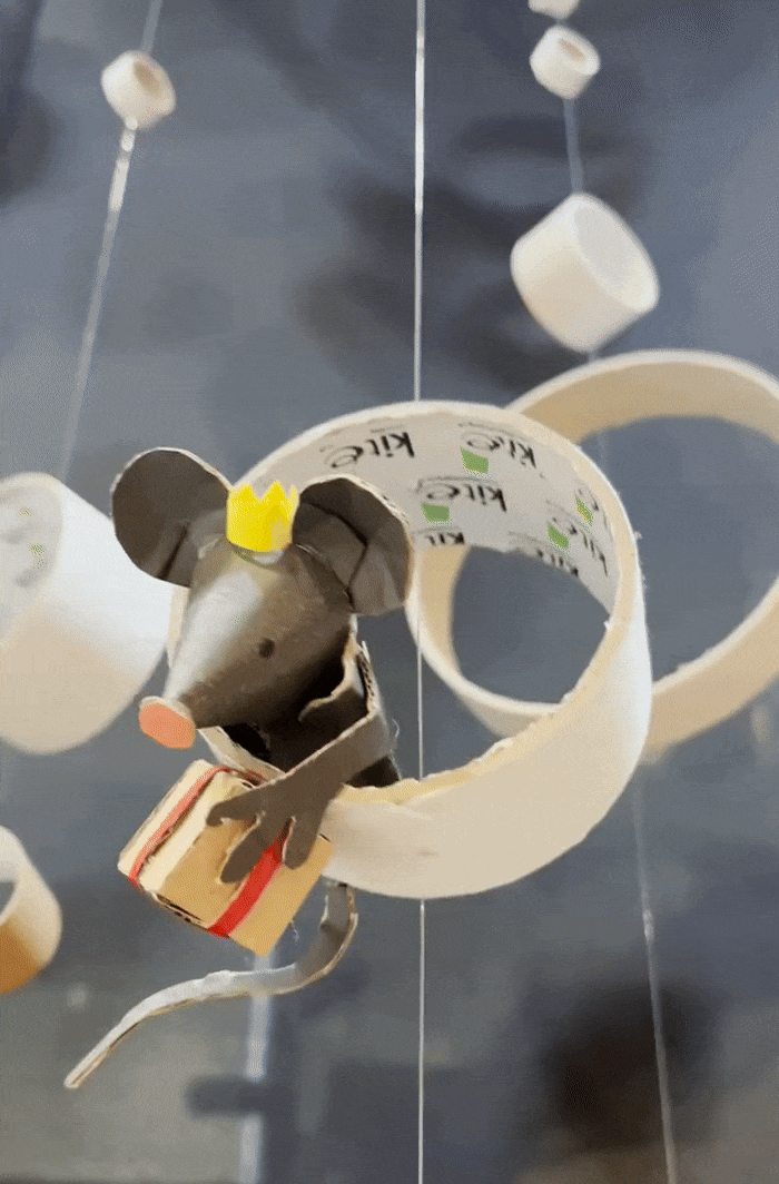 The Queens Hall, Hexham, The Christmas Chill, The Night Before ChrisMouse Theatre Play, Northern Stage, Theatre Sprout, cardboard mouse detail, upcycled cardboard tubes, Lottie Smith.gif