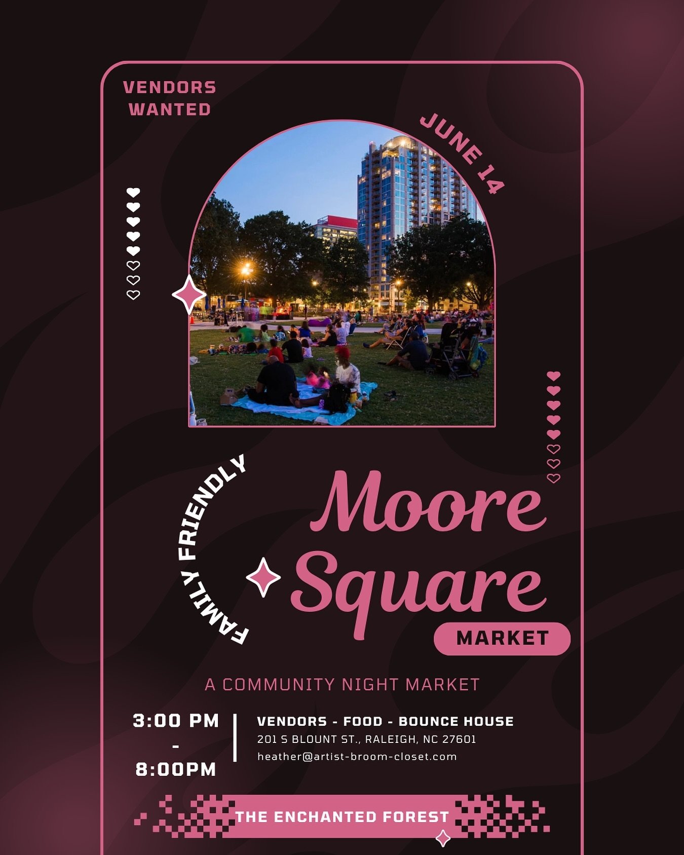 Moore Square Market 💖

Come join us for a night of fun in the heart of Raleigh

Support local businesses, visit our food trucks, and jump in the bounce house 🏰

- - - - - - - -

We&rsquo;re still accepting vendors! Please DM me for more information
