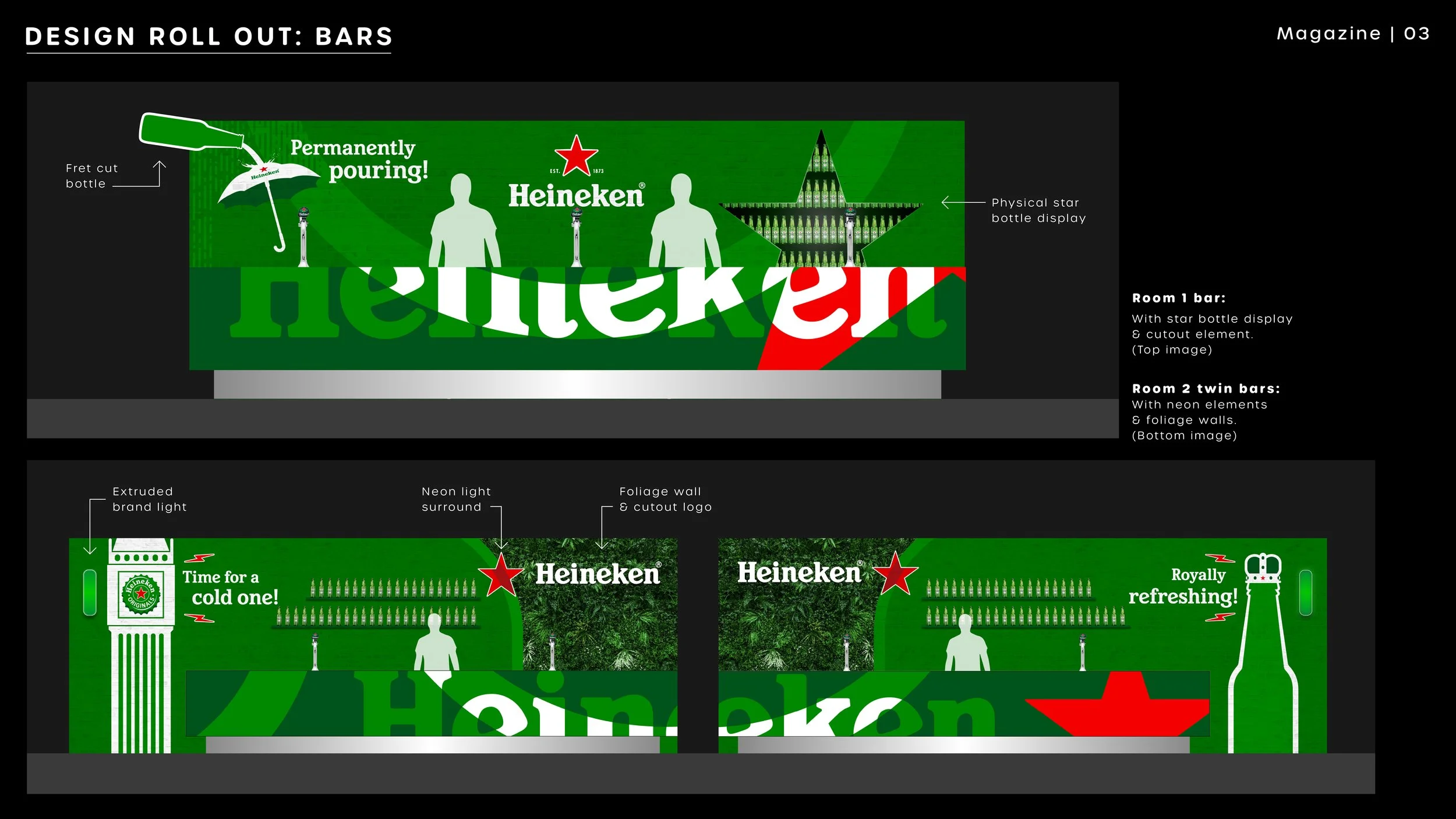 Venue bars offered a canvas to incorporate the illustrated elements established in the posters with a mix of layered 3D elements, including shelving, foliage and neon lighting. These bars are set builds from the Heineken catalogue.