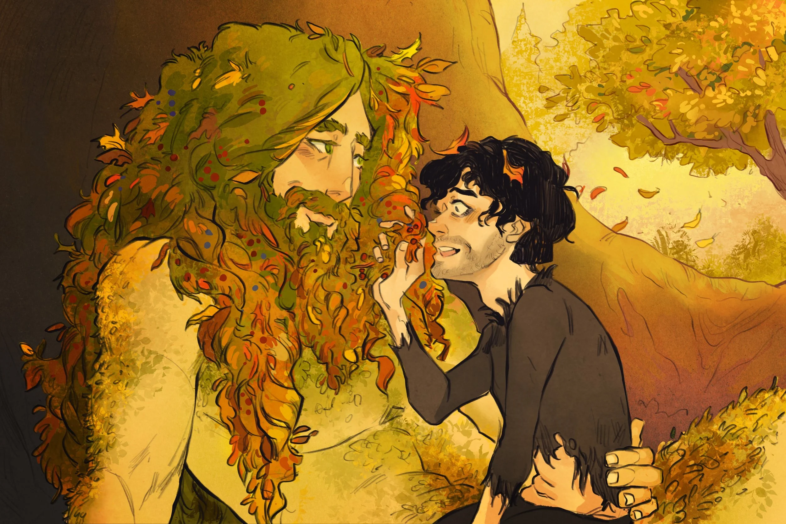 Illustration of a large humanoid figure with a beard and long, leafy hair in a forest, smiling gently, with a smaller man with dark, curly hair and a distressed expression reaching towards, holding the larger figure's hand.