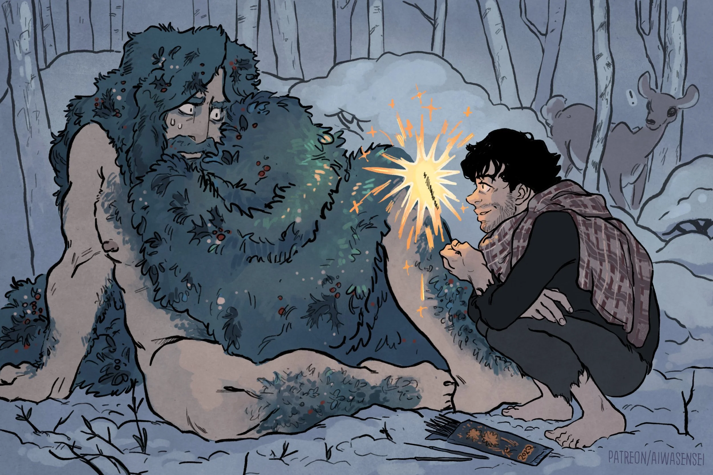 A festive winter scene with a man and a Sasquatch sitting on snow, lighting a sparkler together. The Sasquatch is covered in fur with berries, and the man has dark hair and a scarf. In the background, two deer are peeking through the trees.