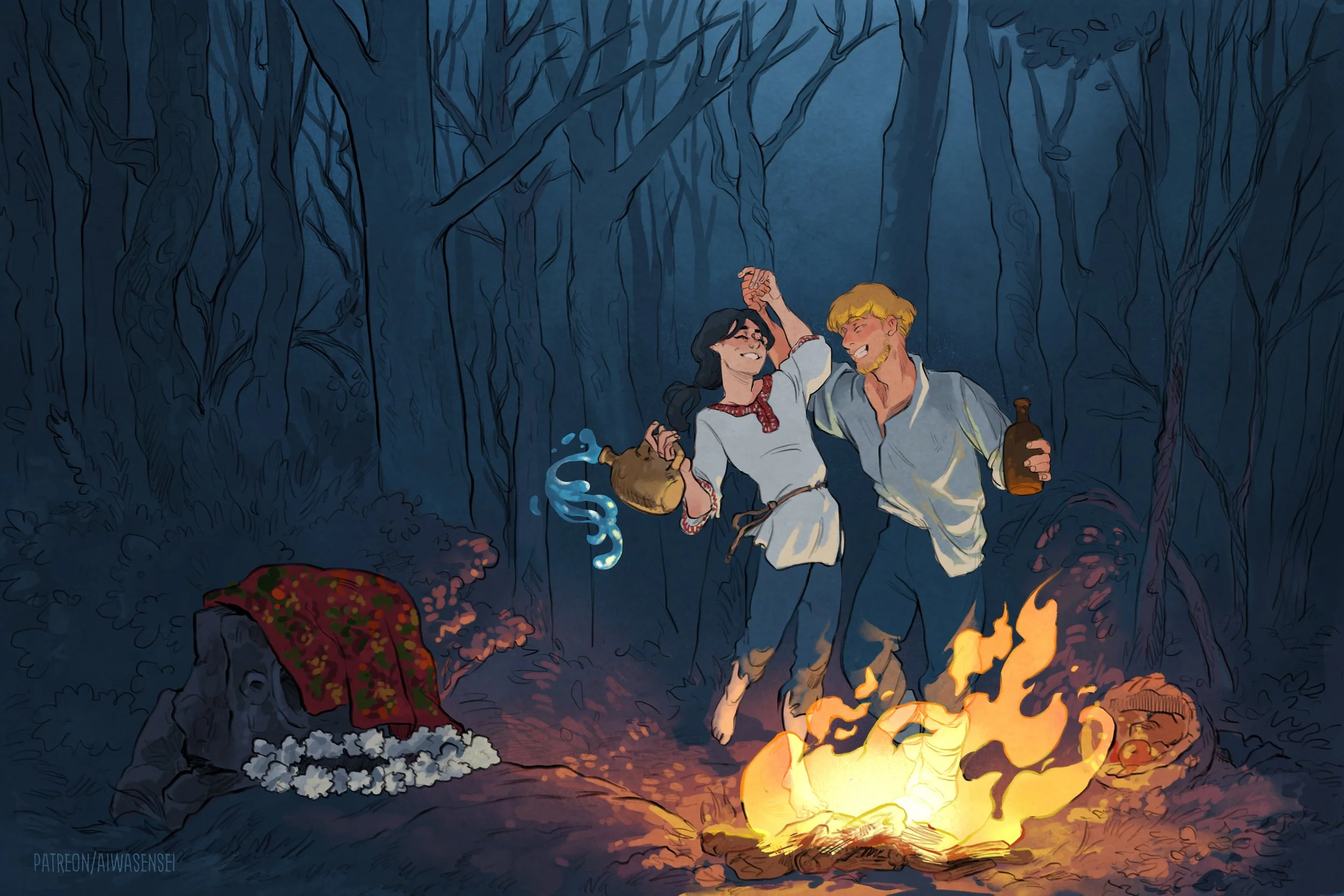 A romantic scene of a man and woman dancing by a campfire in a dark forest, with a skull covered by a floral cloth and a skull decorated with flowers nearby.