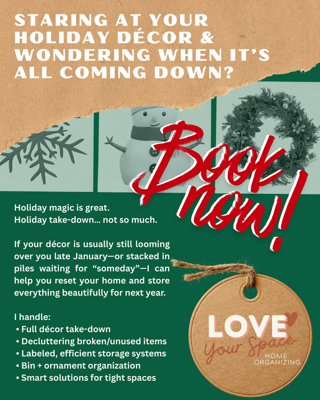 Holiday magic is wonderful&mdash;but storing all the d&eacute;cor afterward can feel overwhelming.⁠
If you&rsquo;re ready for a clean reset, I offer holiday d&eacute;cor take-down, decluttering, and smart storage systems to make next year easier than