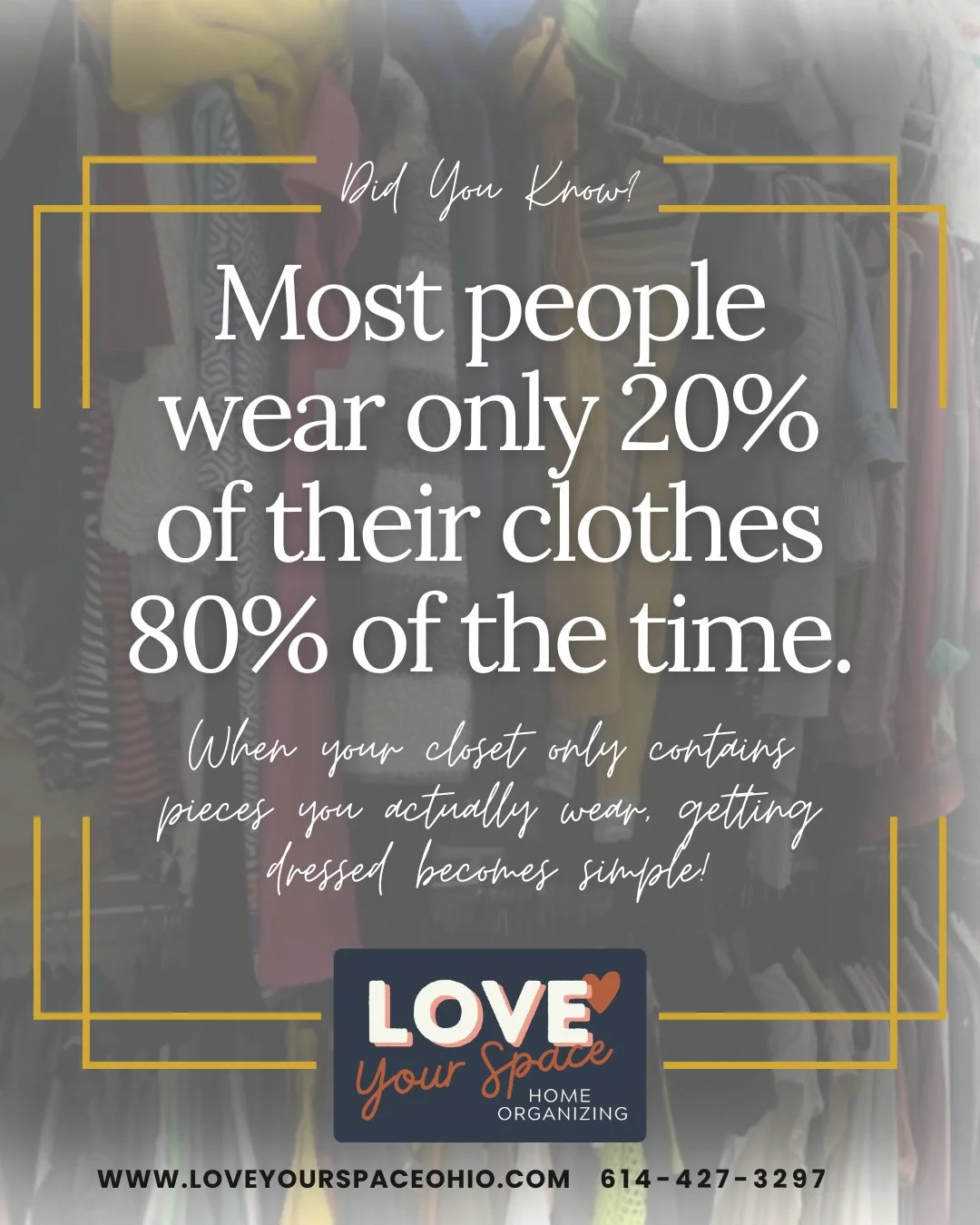Most people wear 20% of their clothes 80% of the time.⁠
⁠
That means the majority of what&rsquo;s in your closet isn&rsquo;t actually serving your everyday life.⁠
⁠
When closets become overcrowded, it gets harder to see &mdash; and wear &mdash; the p