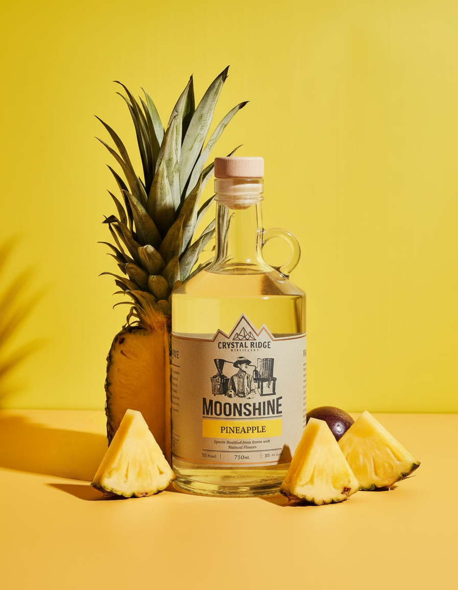 Bottle of Moonshine Pineapple surrounded by pineapple slices, with a whole pineapple and a grape in the background against a yellow background.
