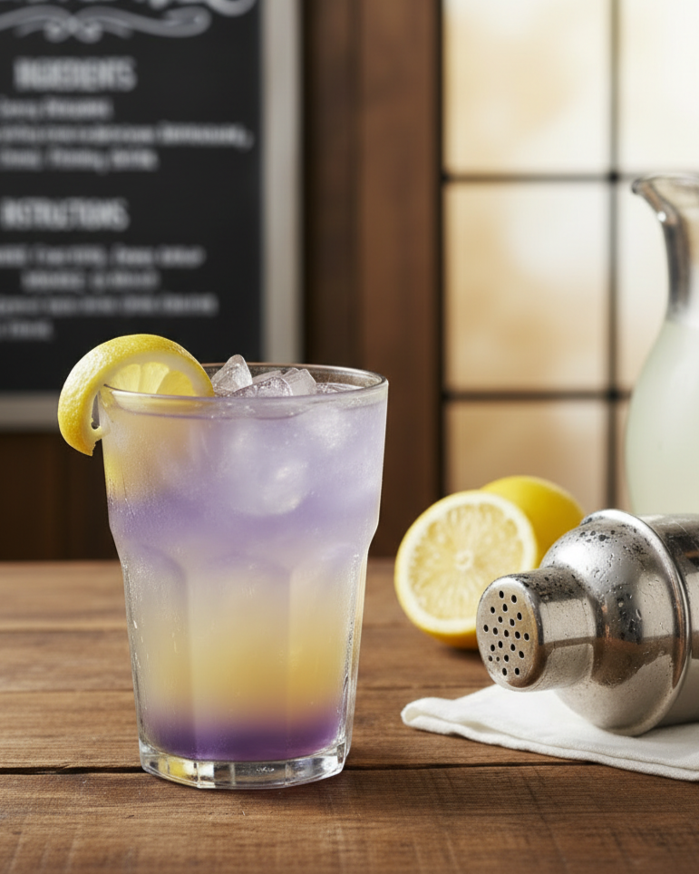 A colorful layered lemonade cocktail with a lemon wedge garnish on a wooden table, with lemons, a cocktail shaker, and a pitcher in the background.