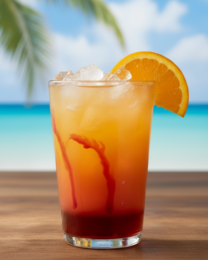 Tropical cocktail with orange wedge and ice on a wooden surface, beach and palm trees in the background.