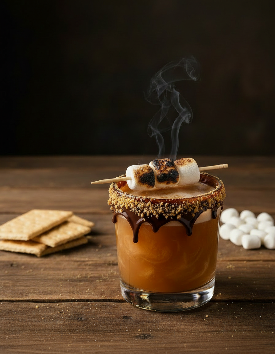 A caramel-flavored drink in a glass with a chocolate rim and toasted marshmallows on a stick, with graham crackers and mini marshmallows around it.