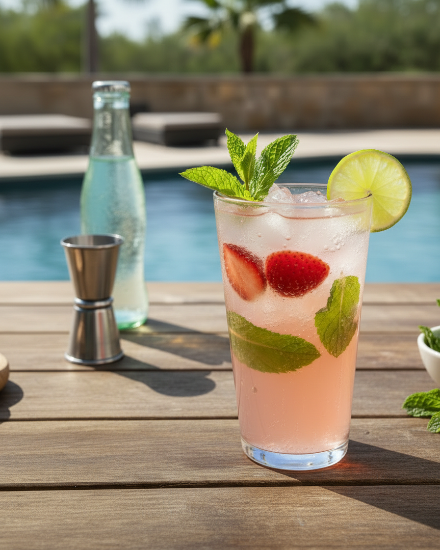 A pink cocktail with strawberries, mint leaves, and a lime wedge garnished on the rim, sitting on a wooden table near a pool.