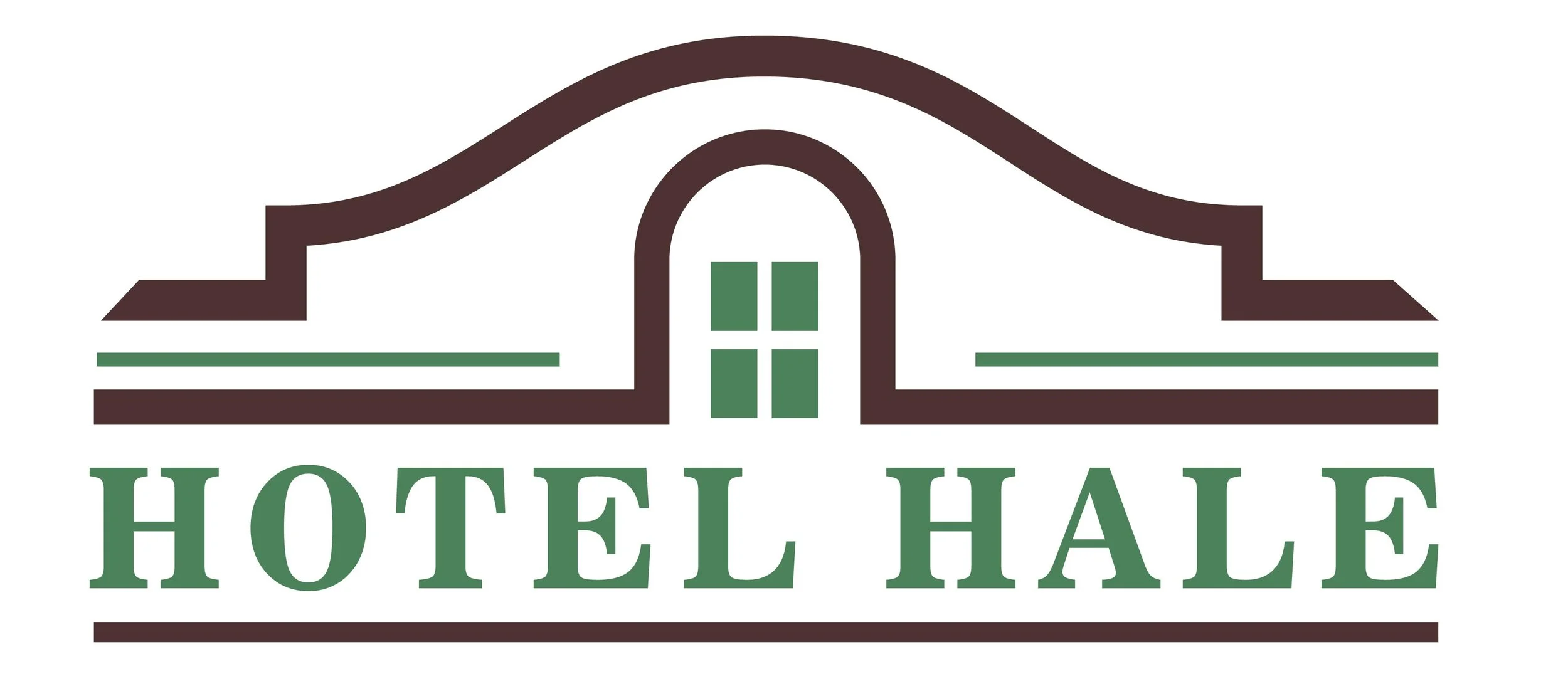 Logo of a building with an arched entrance and windows, accompanied by the text 'HOTOEL HALF' in green.
