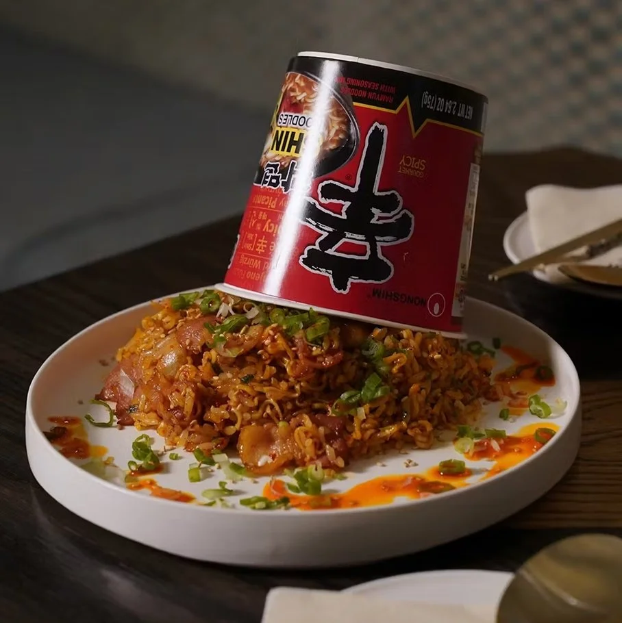 Ramyun fried rice — fried rice made with Shin Cup noodles, bacon, chili oil, and scallions