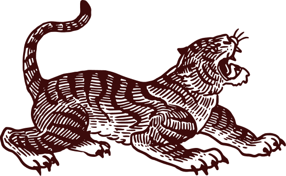 Vintage Korean tiger illustration in a traditional folk-art style, facing right