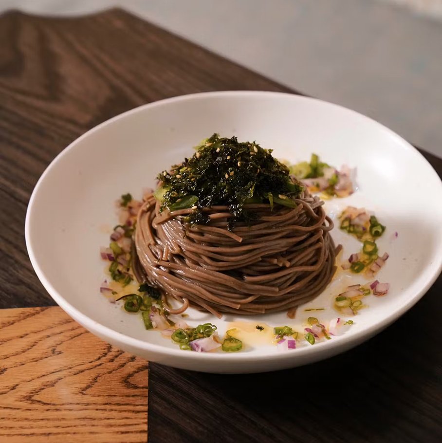 Perilla oil noodle — cold buckwheat noodles with wild perilla oil, soy sauce, scallion, red onion, and chili pepper