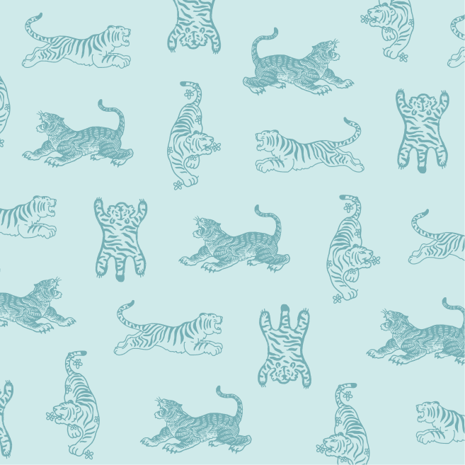 Pattern of various stylized tiger illustrations on a light blue background.