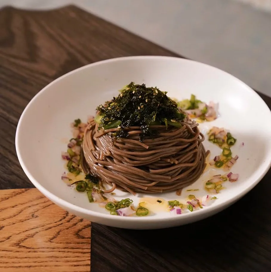 Perilla oil noodle — cold buckwheat noodles with wild perilla oil, soy sauce, scallion, red onion, and chili pepper