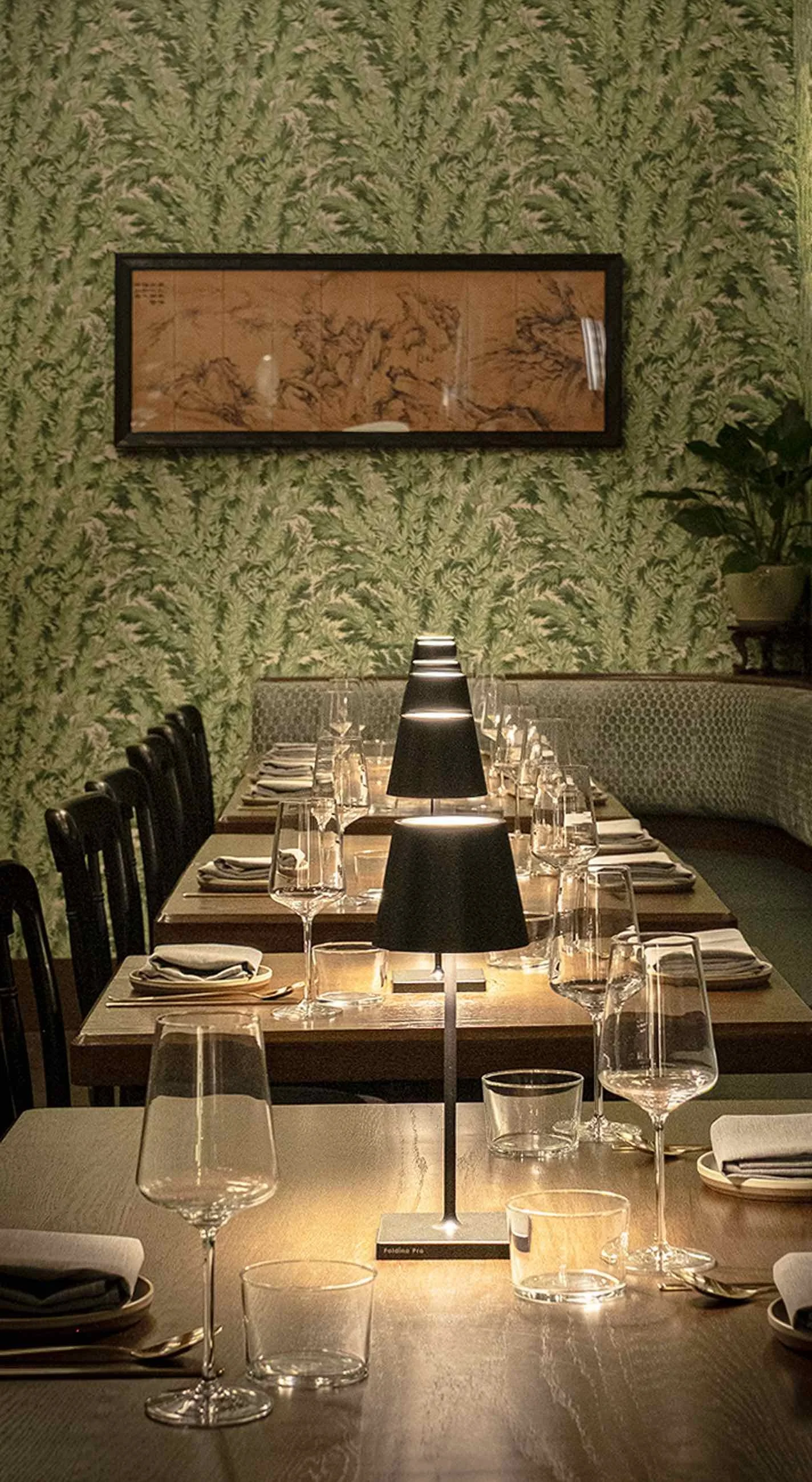 Elegant private dining table set with lamps, glassware, and Korean-inspired décor at Hojokban in the Downtown LA Arts District