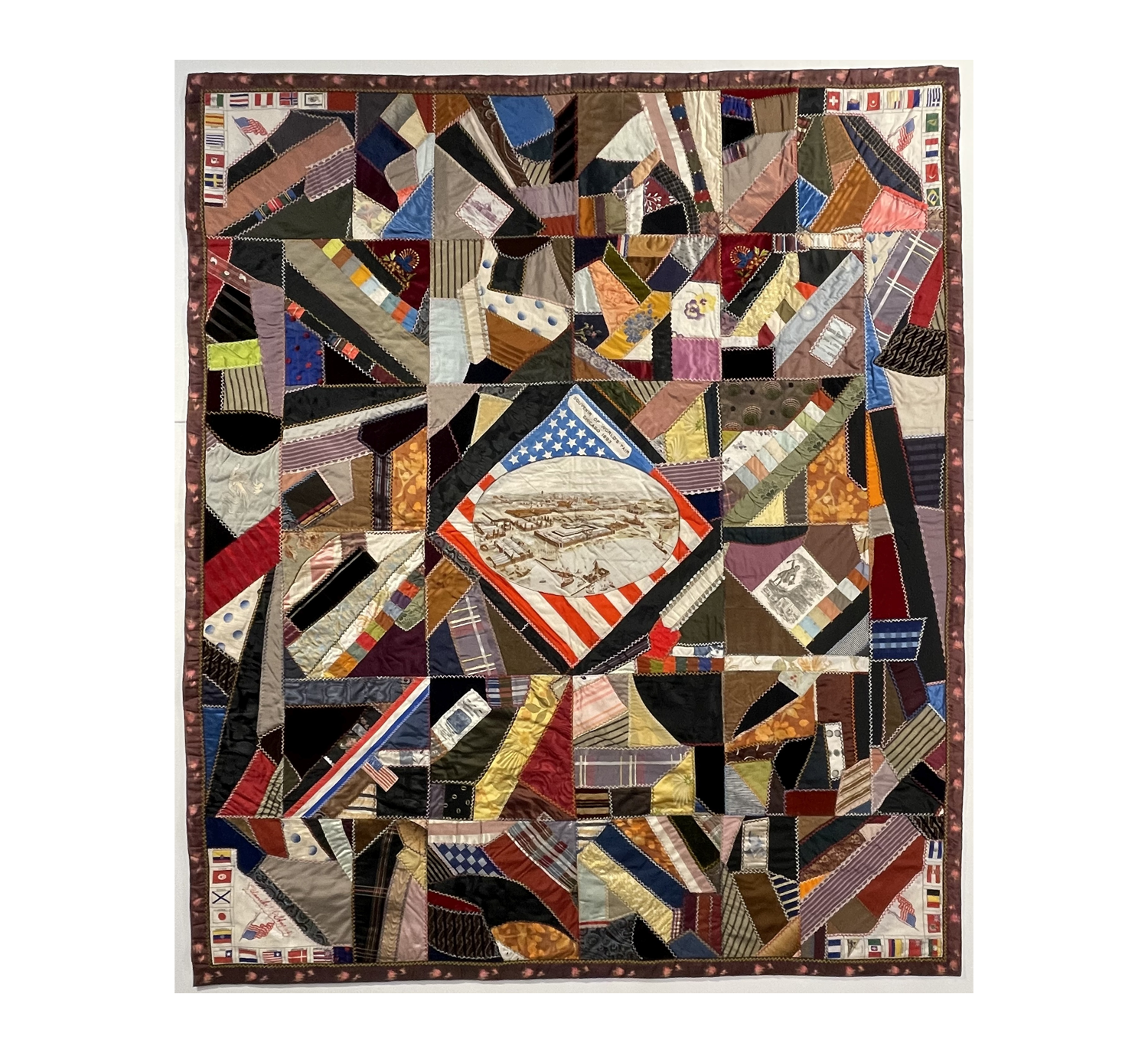 Lowell Crazy Quilt, 1893-1904 – Blanche Wiggins Staples, Massachusetts - Gift of Judy Hall, NEQM 1989.02