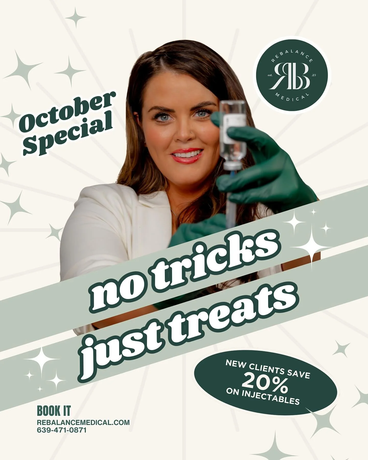 No tricks, just treats! This October, first-time clients save 20% on all injectable treatments.
A perfect time to refresh your look and treat yourself &mdash; without the scare. Limited spots available, so book now to claim your savings.

*Offer cann