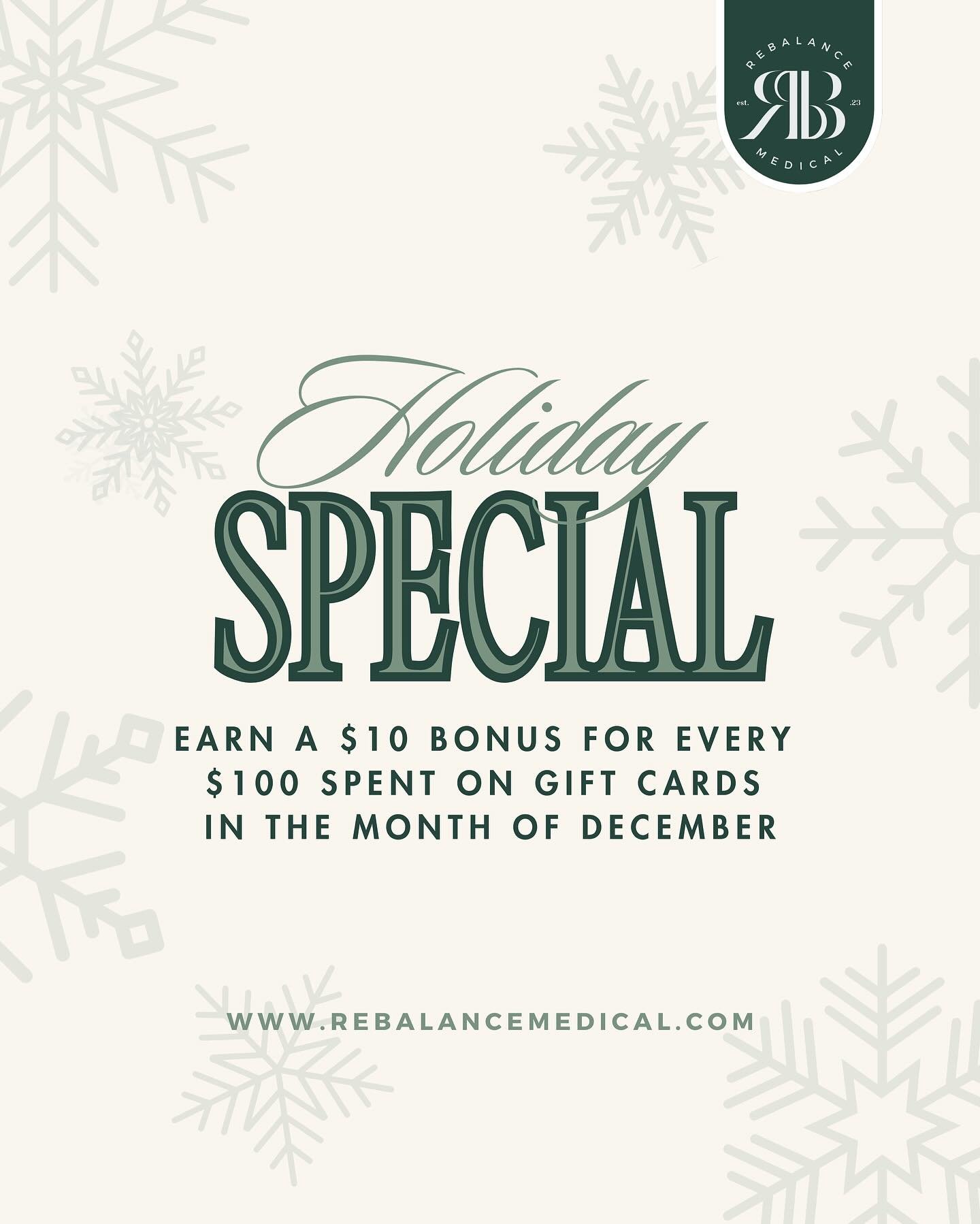 &lsquo;Tis the season for giving&hellip; and getting! Spend $100 on ReBalance Medical gift cards this December and receive a $10 bonus! 

⏰ Offer ends December 31, 2025
🛍️ Purchase in person or online at rebalancemedical.com

#bhrt #injectable #inje