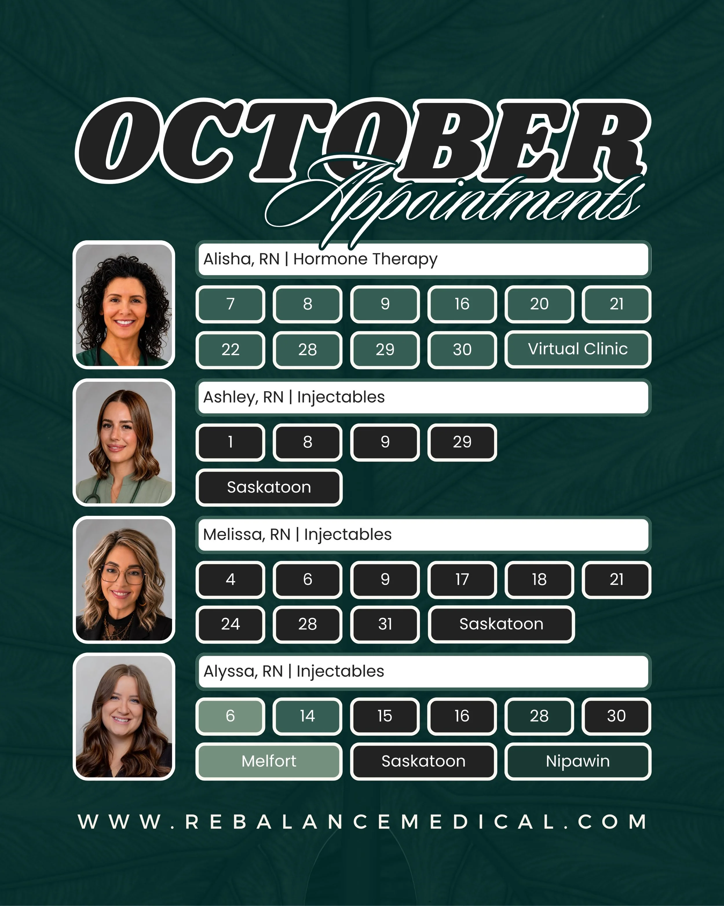 Our October schedule is live at ReBalance Medical! Here&rsquo;s where you can find our team this month:

Virtual Clinic:
BHRT &amp; Hormone Health with Alisha, RN

In-Clinic Injectables:
Subtle, natural aesthetic treatments with Ashley RN, Melissa, R