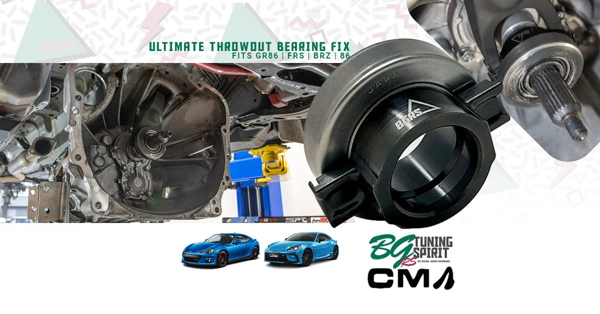 Close-up of a car's engine with a black racing-style throwout bearing attached, along with two blue cars and multiple logos related to car tuning and racing.