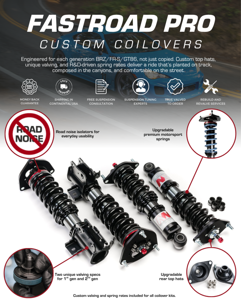 Image displaying various custom coilover suspension components for BRZ/FR-S/GT86, including shock absorbers, springs, valves, and top hats, with text highlighting features like noise isolation, upgrade options, and custom valving.