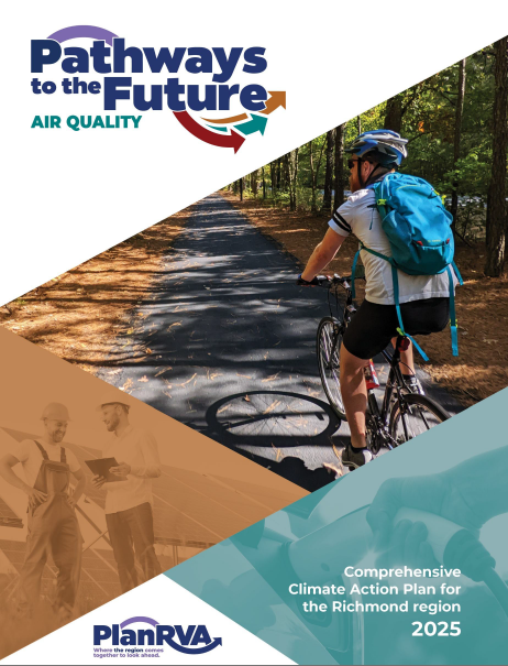 Cover of the plan, which includes the Pathways to the Future logo, the PlanRVA logo, and images of a man on a bike, men in front of solar panels, and a hand plugging in an EV.