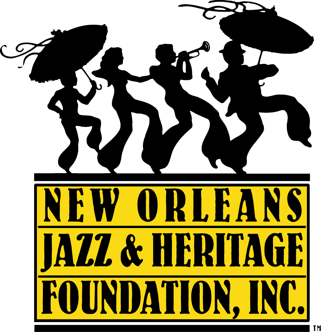 Silhouette of a jazz band with musicians dancing, playing instruments, and holding umbrellas, with the text 'New Orleans Jazz & Heritage Foundation, Inc.' in yellow and black.