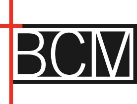 Baptist Community Ministries logo with a black background, white letters, and a red cross on the left side