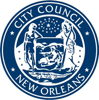 Seal of the New Orleans City Council featuring two women, a lion, stars, and a landscape.