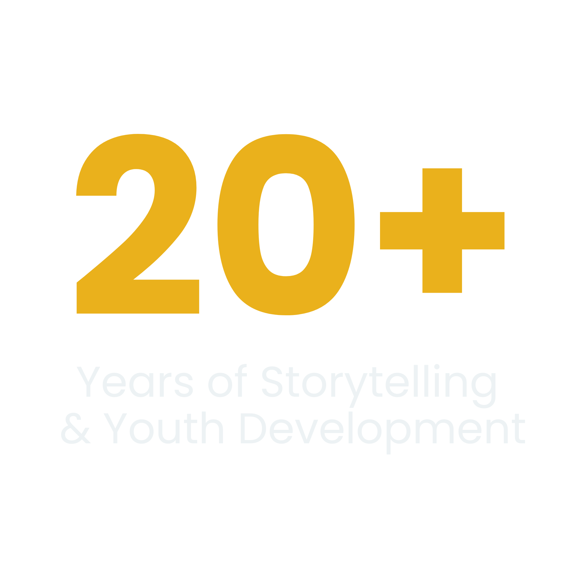 Gold and white text on a black background celebrating 20+ years of storytelling and youth development.