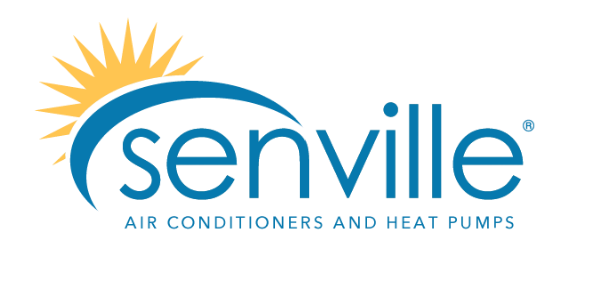 Logo for Senville featuring a stylized yellow sun with rays and a blue wave, with the company's name and the words 'Air Conditioners and Heat Pumps'.