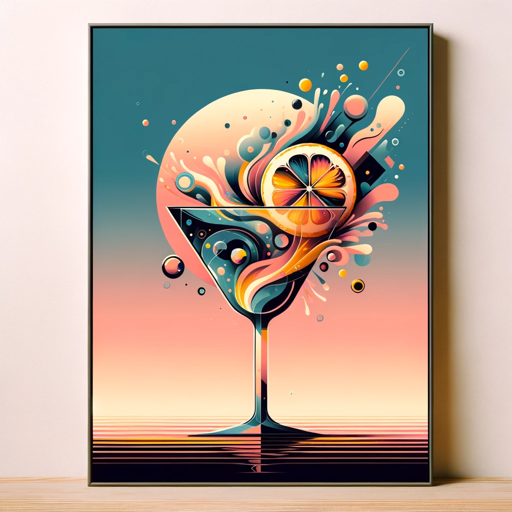 DALL·E 2024-01-28 21.22.38 - Create an abstract wall art illustration featuring a cocktail reminiscent of a Paloma. The cocktail should be represented with a surreal fusion of geo.png