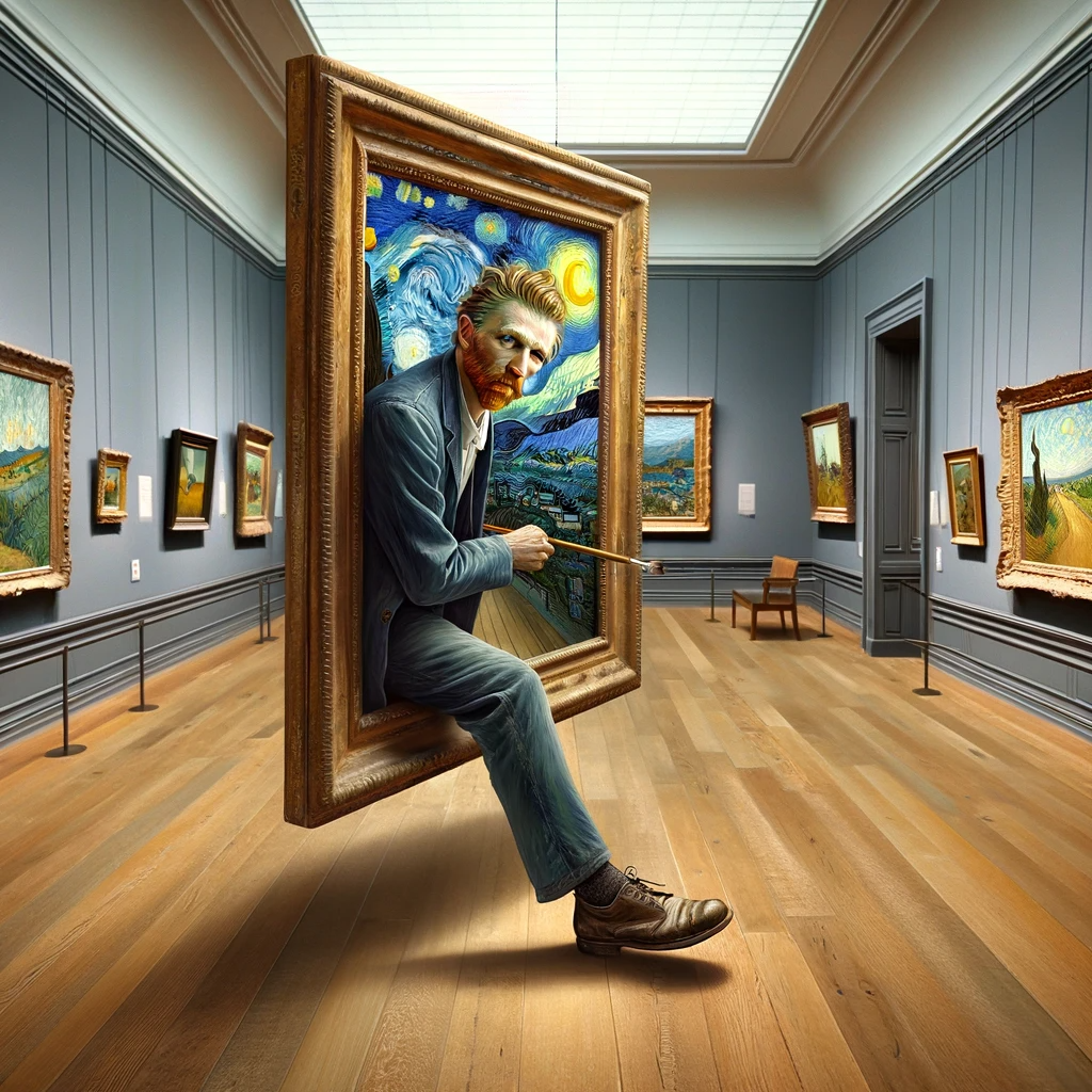 DALL·E 2024-01-28 09.53.07 - Create a hyper-realistic image depicting Vincent Van Gogh as he appears in one of his famous self-portraits, but with a twist_ Van Gogh is shown climb.png