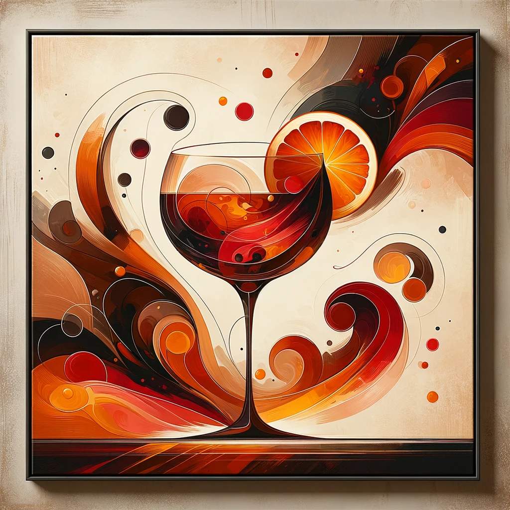 DALL·E 2024-01-28 21.22.41 - Design an abstract piece of wall art with a stylized representation of a cocktail in a glass. The image should be rich in warm, earthy tones with hint.png