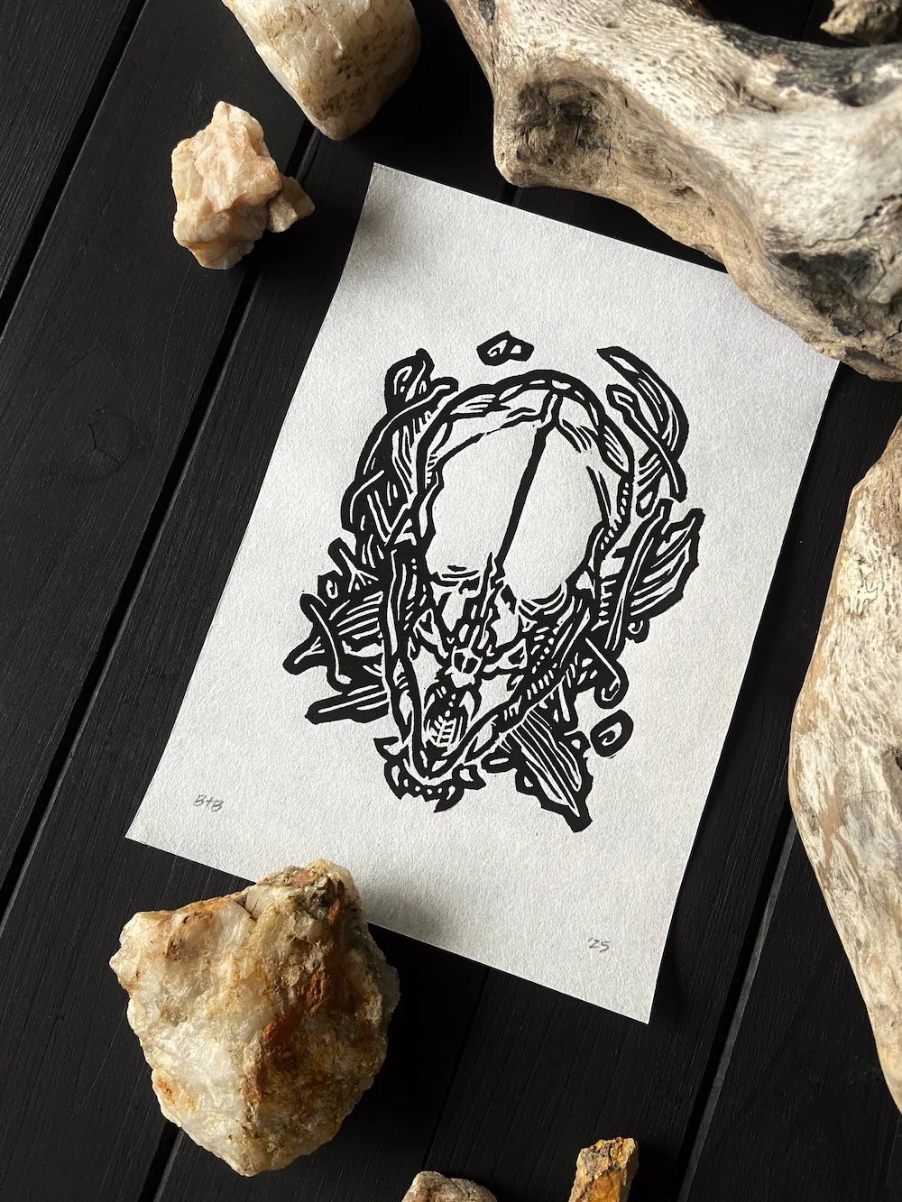 Queen of The Night Linocut Flatlay Angled Web.jpg