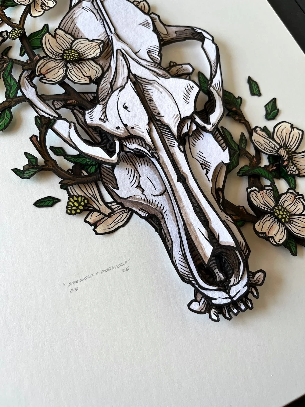 Direwolf and Dogwood Paper Art Original Unframed Angled Closeup Web.jpg