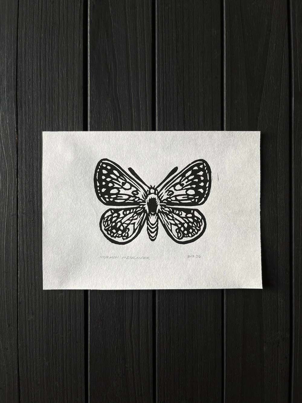 Mormon Metalmark Butterfly Linocut Mulberry Miniprint