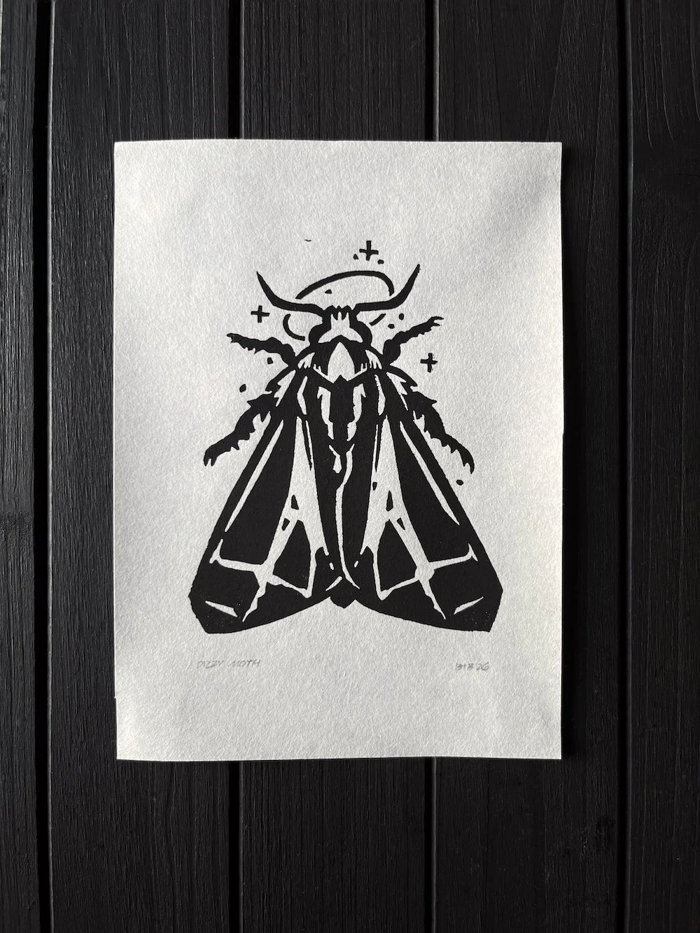 Dizzy Moth Linocut Mulberry Miniprint