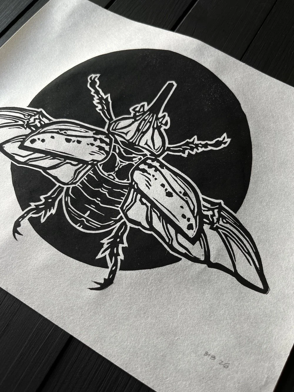 Hercules Beetle I Mulberry Linocut Angled Closeup Product.jpg