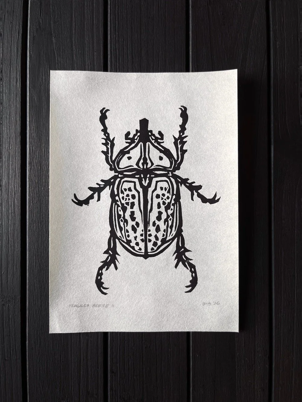 Hercules Beetle II Linocut Mulberry Miniprint