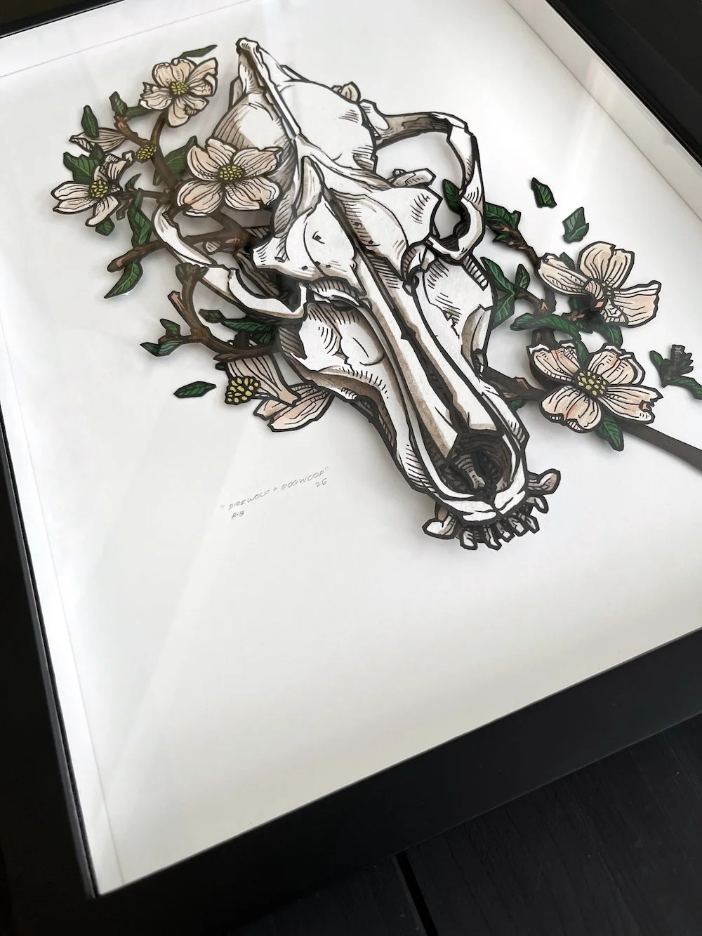 Direwolf and Dogwood Paper Art Original Framed Angled 2 Web.jpg